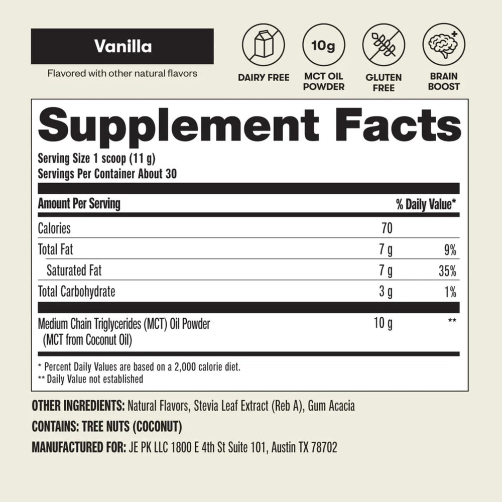 30 servings of Vanilla MCT Oil Powder packaging