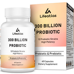Bottle label reading 300 Billion CFU Probiotics - 60 capsules