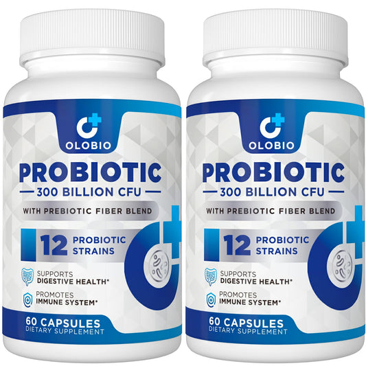 Bottle label showing 300 Billion CFU probiotic with 12 strains and 3 organic prebiotics.