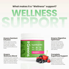 Glass with berry-flavored greens powder drink