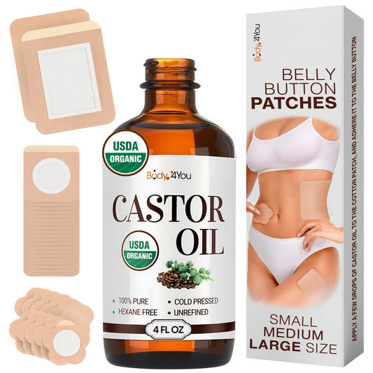 32PC Castor Oil Patch Set with amber glass bottle and dropper