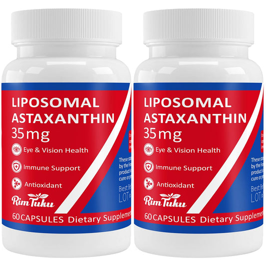 Bottle of 35mg Liposomal Astaxanthin supplement with 120 capsules