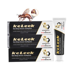 Three-pack Bee Wasp Venom toothpaste box with bleeding gums illustration