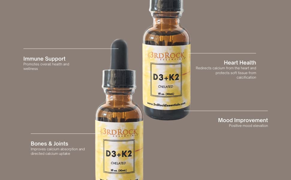 Side view of the chelated D3 K2 liquid bottle