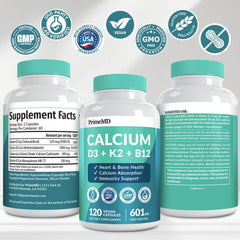 Bottle showing label for calcium with D3 and K2 5000 IU
