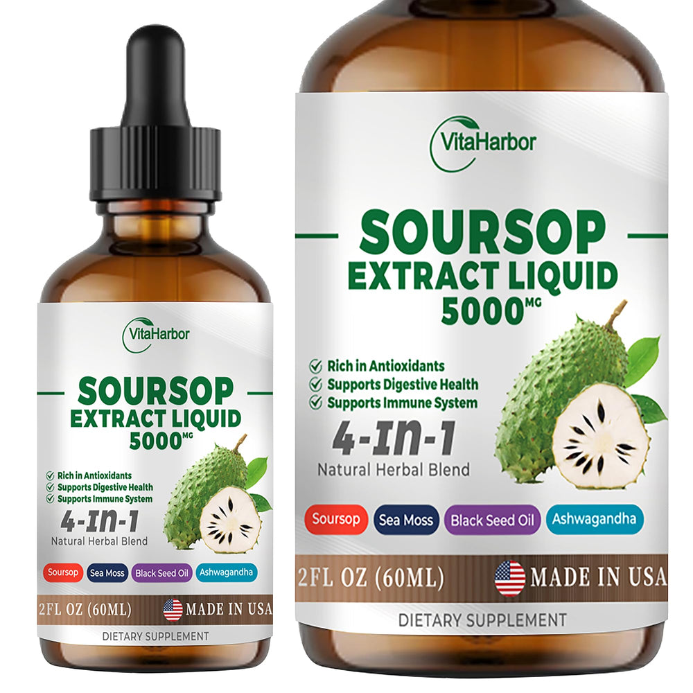 Front view of the 2 oz bottle of 4-in-1 Soursop Bitters Liquid