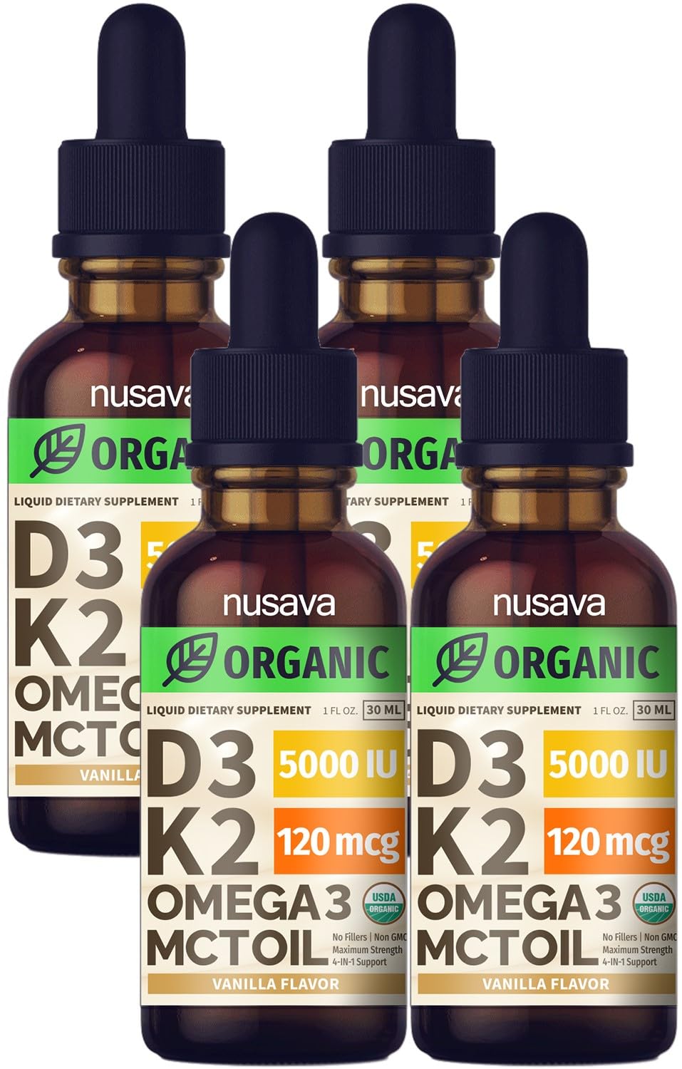 Four-pack organic vitamin D3 K2 drops in vanilla flavor 4oz bottle, front view