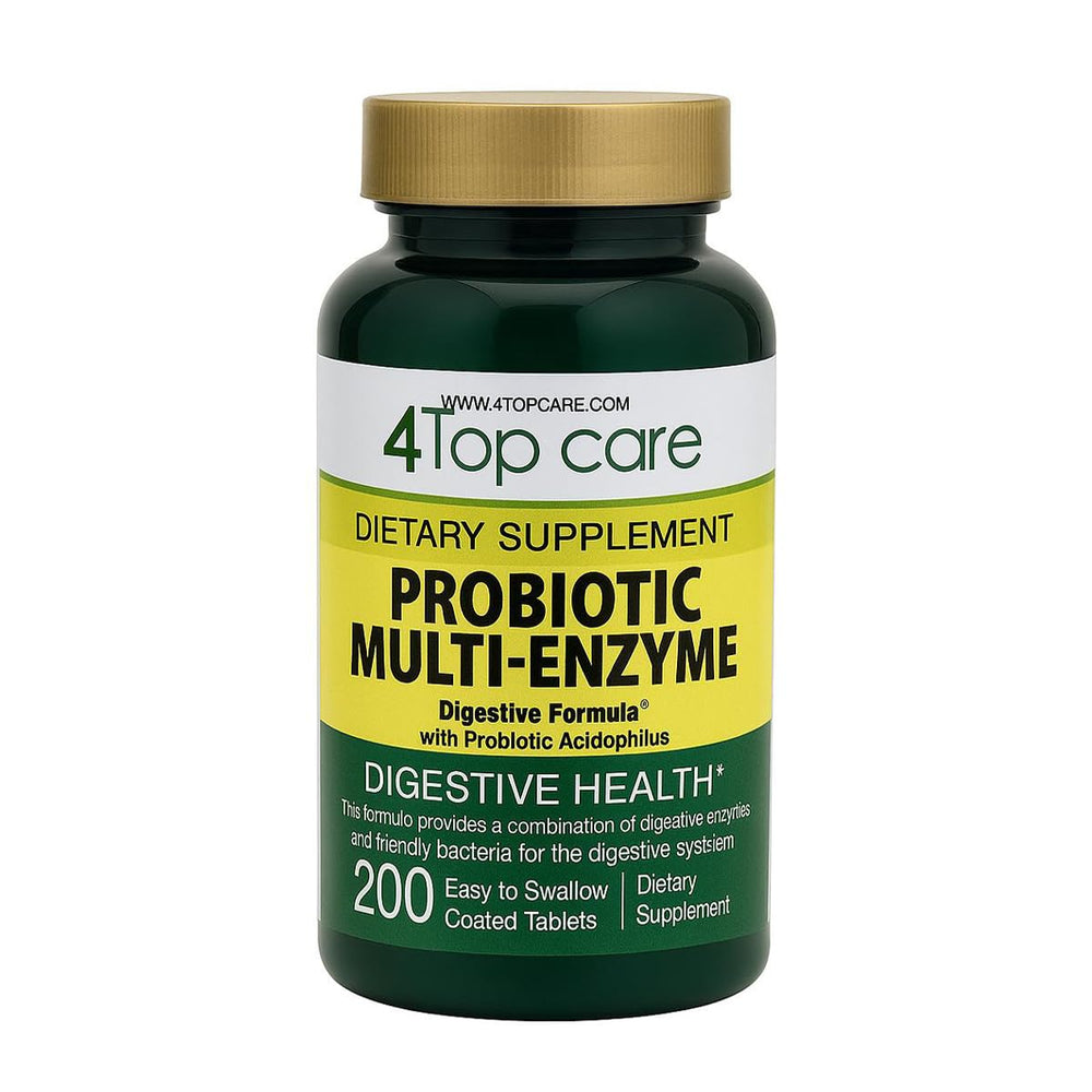 Bottle of 4 Top Care Probiotic Multi-Enzyme with Prebiotics and Acidophilus on white background
