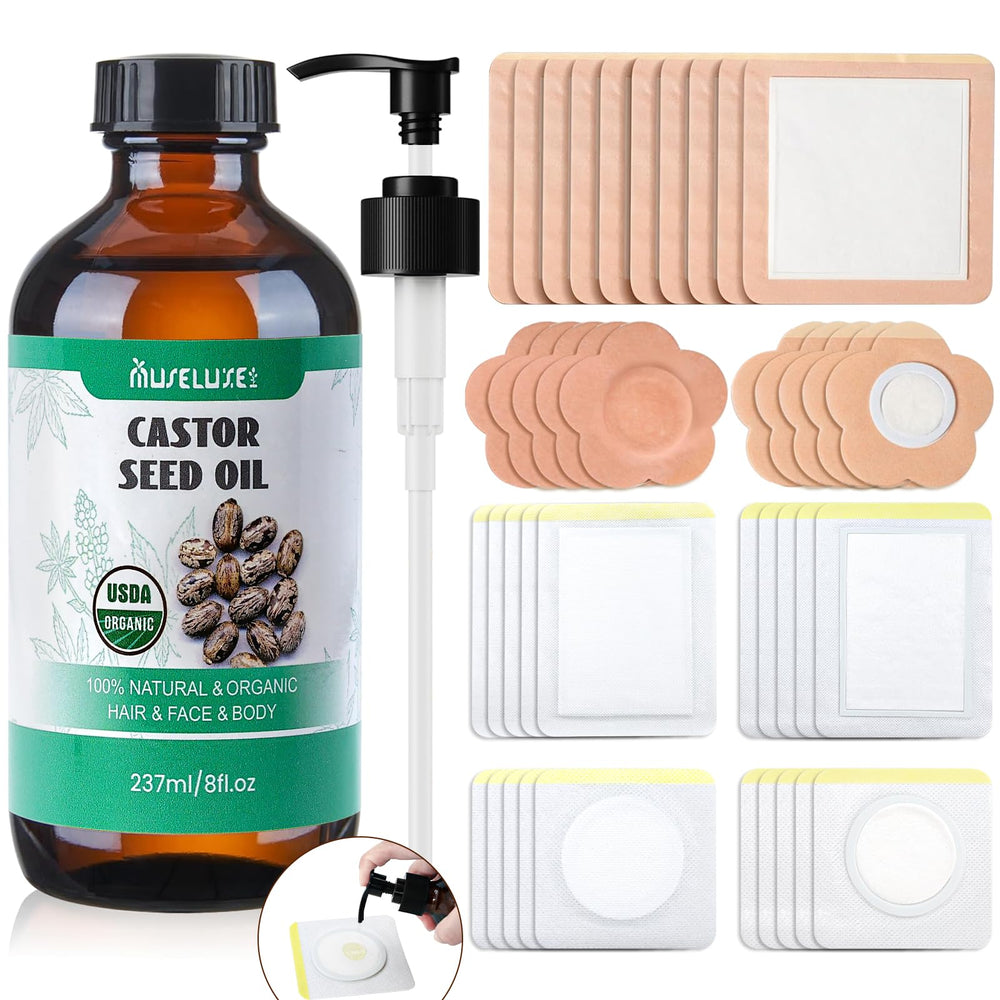 40-piece castor oil patches kit with 8oz organic bottle