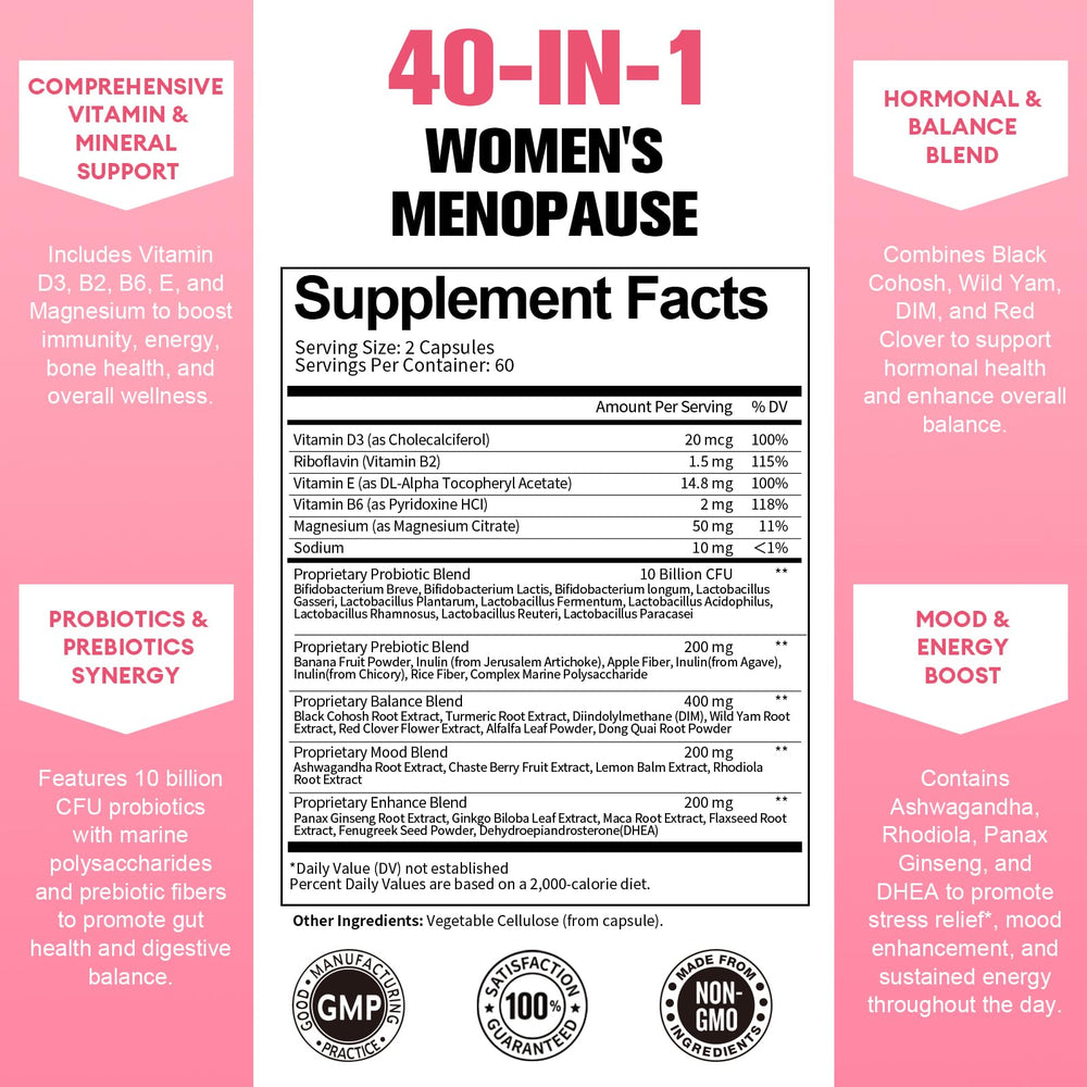 Herbal ingredients like Dong Quai and Red Clover around capsules