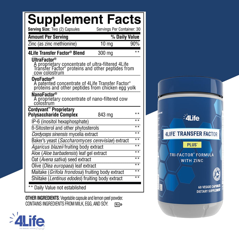Close-up label of 4Life Transfer Factor Plus with zinc and mushroom blend
