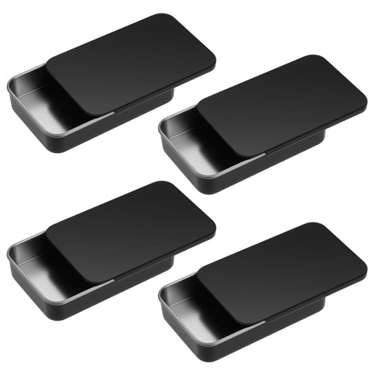 Front view of four black portable dental floss cases in a row.