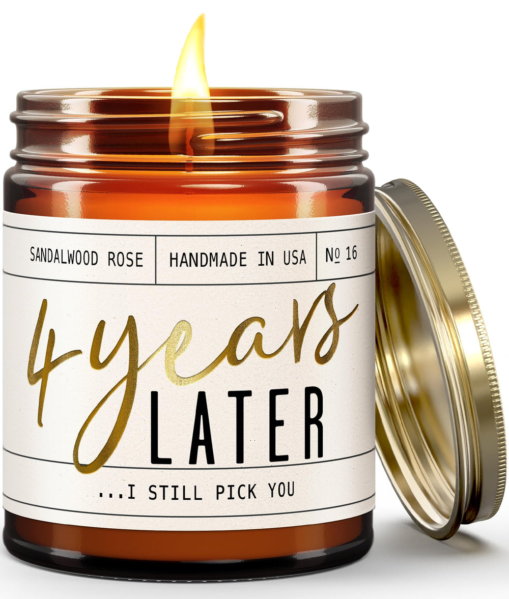 Close-up of the 4th anniversary candle with gold foil engraving