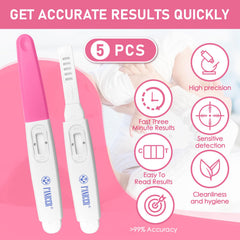 Contents display: five early pregnancy test strips in the box