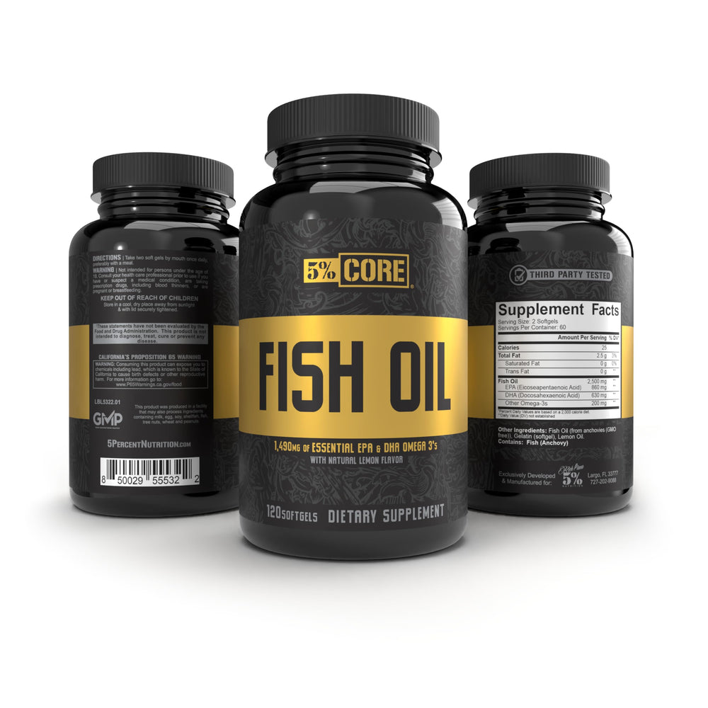 Front packaging of 5% Nutrition Core Fish Oil showing lemon flavor