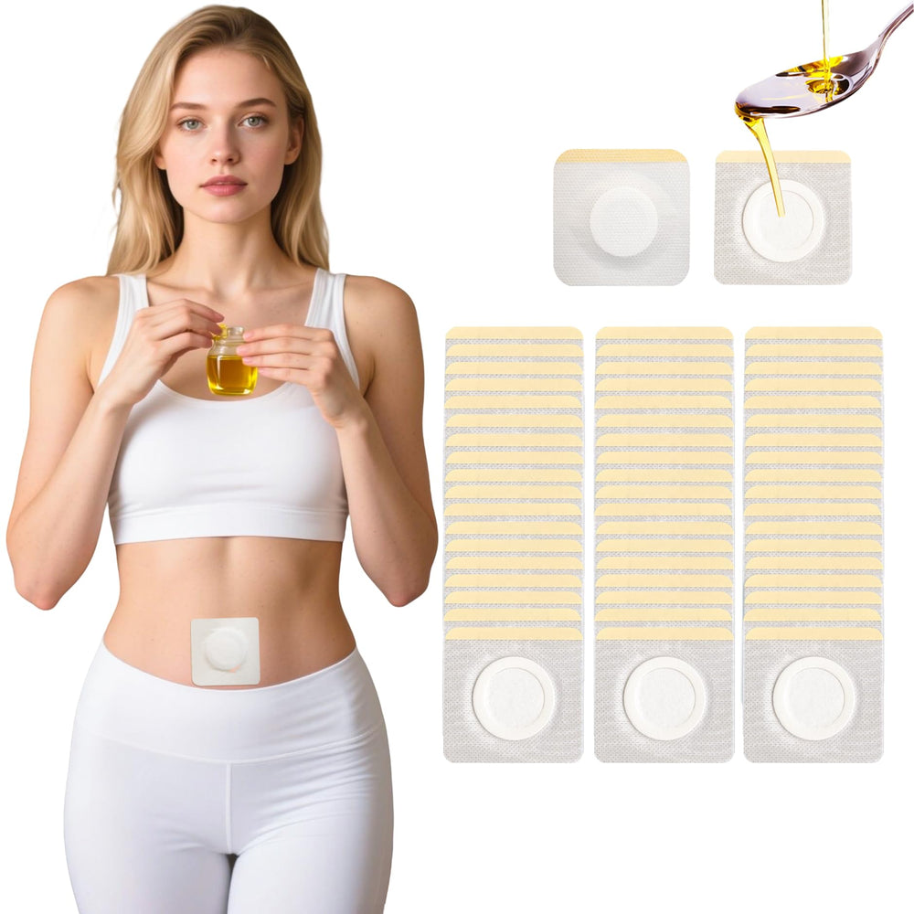 54-pack disposable castor oil belly button patches laid out, each 3.2in