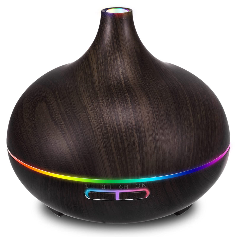 Close-up of 550ml black aroma diffuser wood grain finish