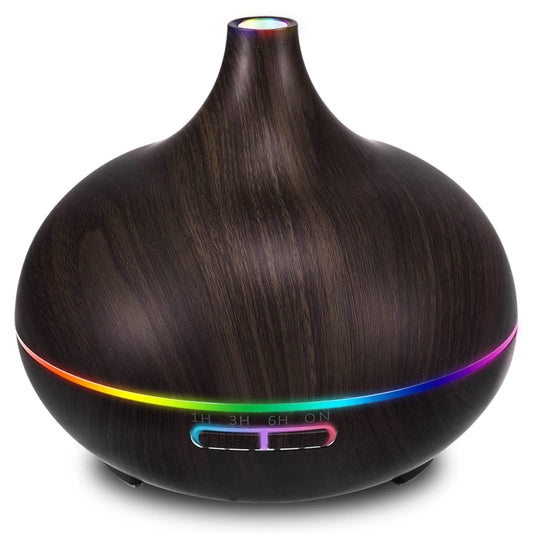 Close-up of 550ml black aroma diffuser wood grain finish