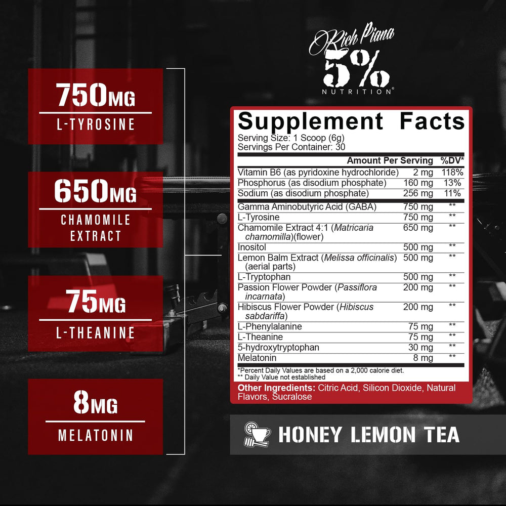 5% Nutrition Rich Piana Knocked Out scoop ready to mix for nighttime relaxation.