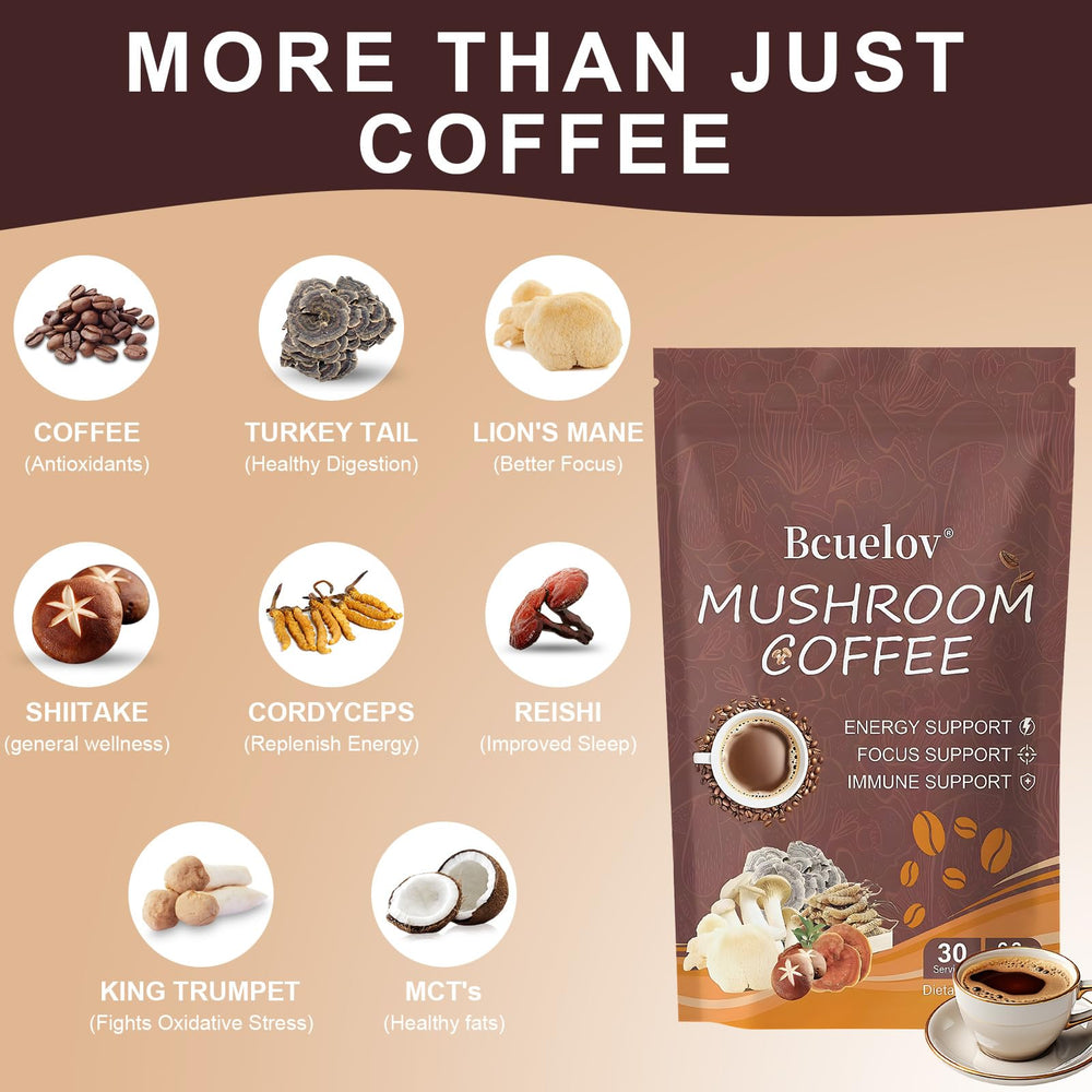 Mushrooms including Lion's Mane, Cordyceps and Reishi for adaptogenic benefits