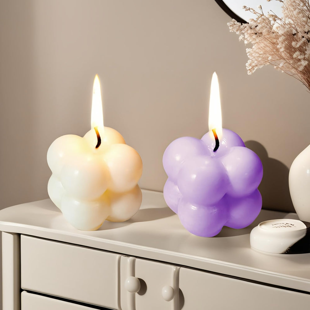 Pastel sky blue bubble-shaped mini soy candle in frosted jar