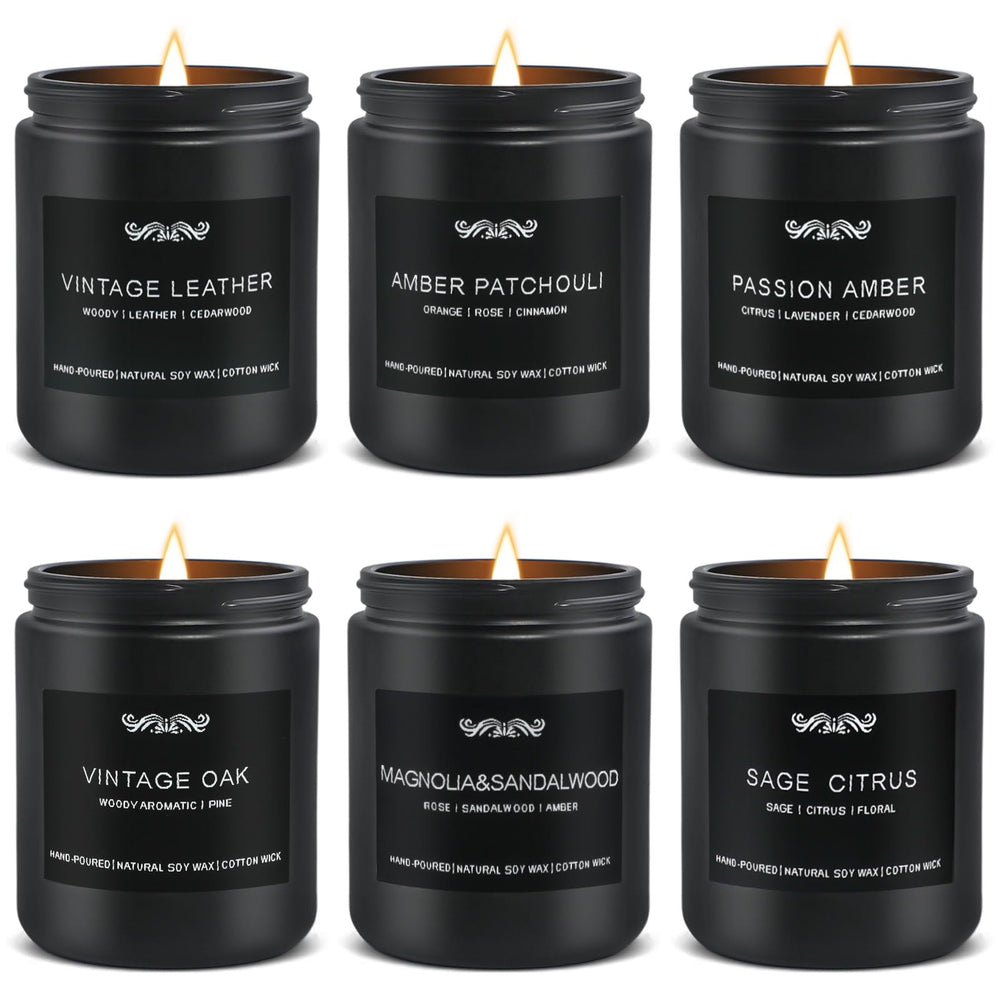 Group shot of six men's scented candles in black containers