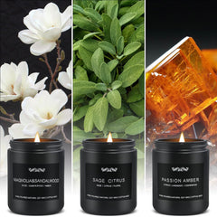 Close-up of Patchouli Amber candle from the six-pack set