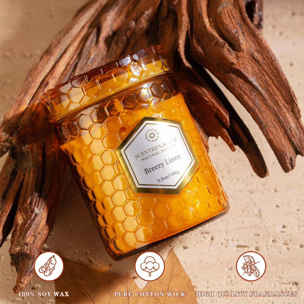 Breezy Linen scented soy candle from the set.