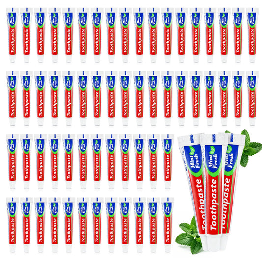 Bulk pack of 60 travel-size toothpaste tubes in mint flavor