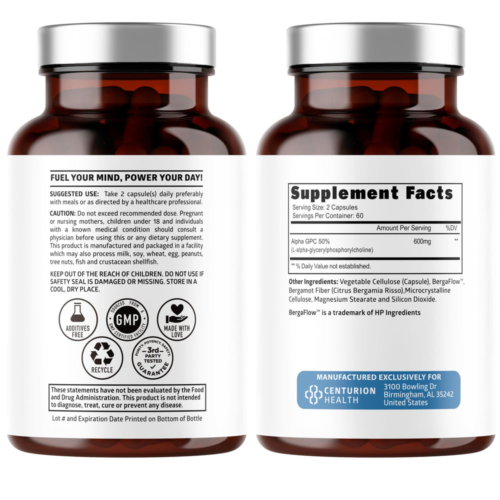 600 mg Alpha GPC daily serving in vegan capsules