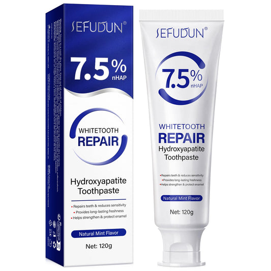Front view of 4.23 oz toothpaste packaging showing 7.5% hydroxyapatite