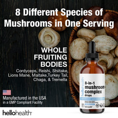 Front view of 8-in-1 Mushroom Liquid Drops packaging