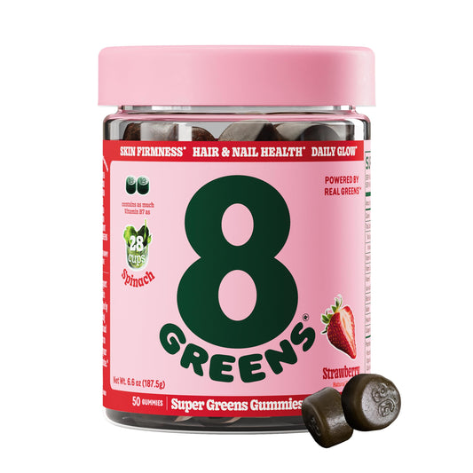 Front view of 8Greens Beauty Gummies Strawberry 50 Count bottle