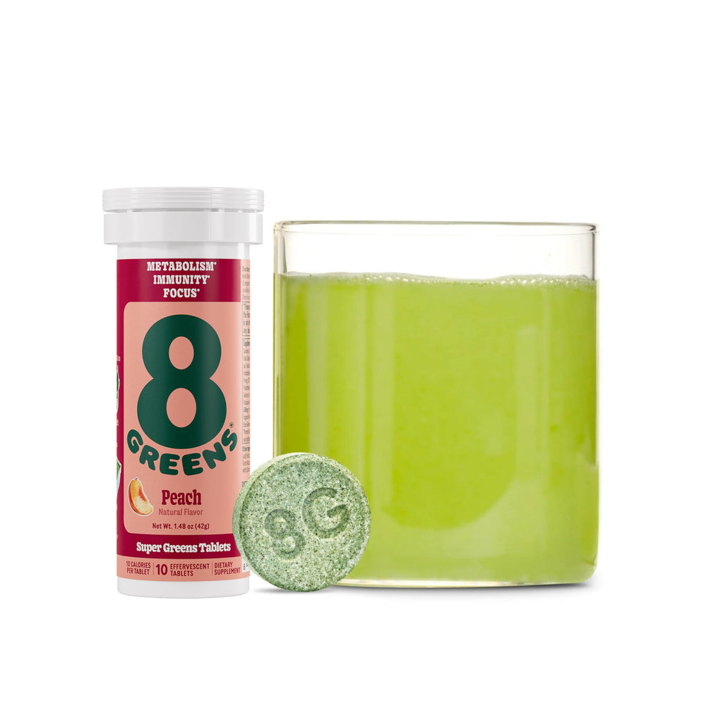 Front view of 8Greens Supergreens Tablets Peach flavor