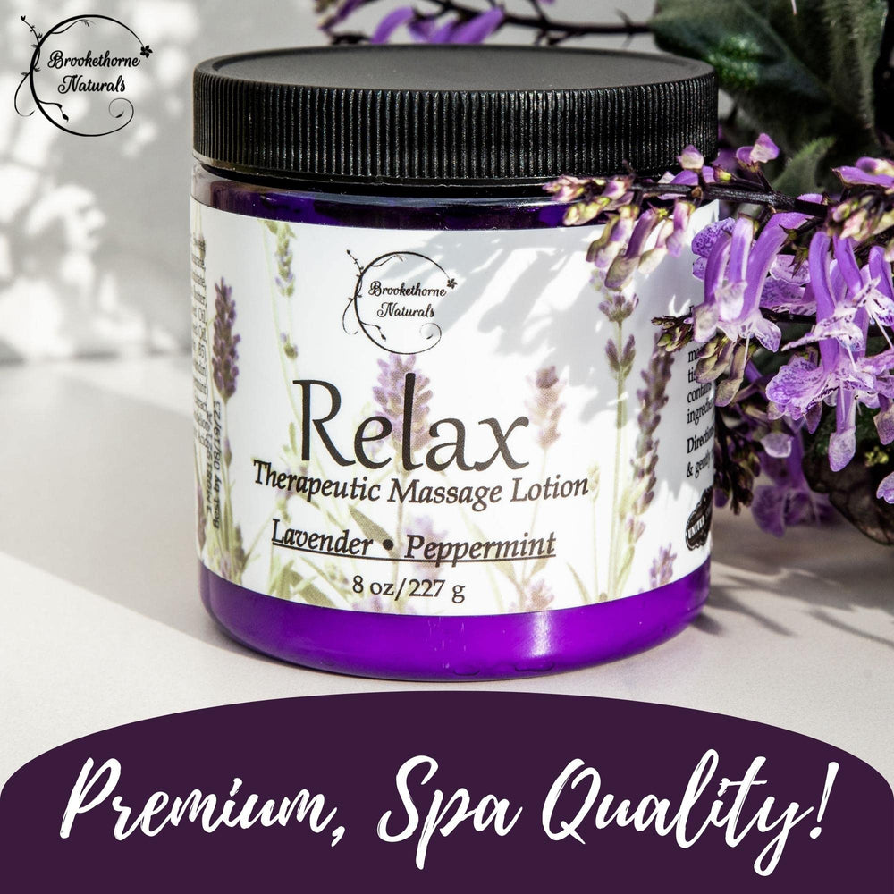 8oz Relax Massage Lotion bottle with Brookethorne Naturals label
