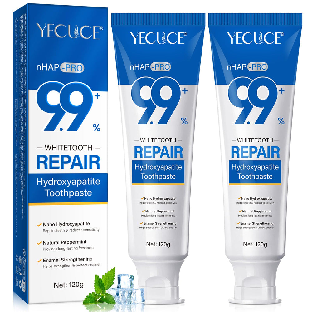 Bottle of 9.9% hydroxyapatite toothpaste in a 2-pack.