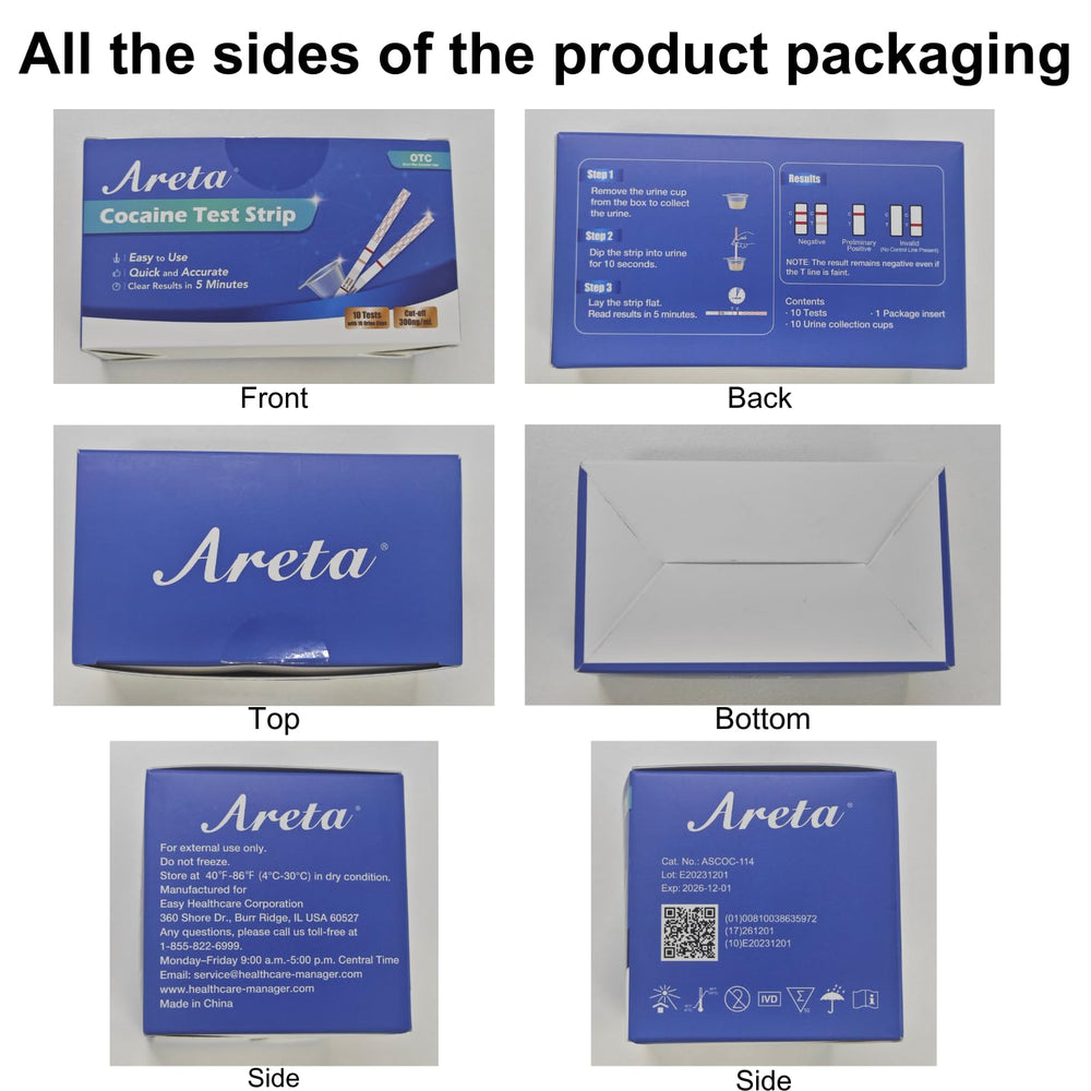 Areta Cocaine Test Strip kit contents (strip, cups, instructions)