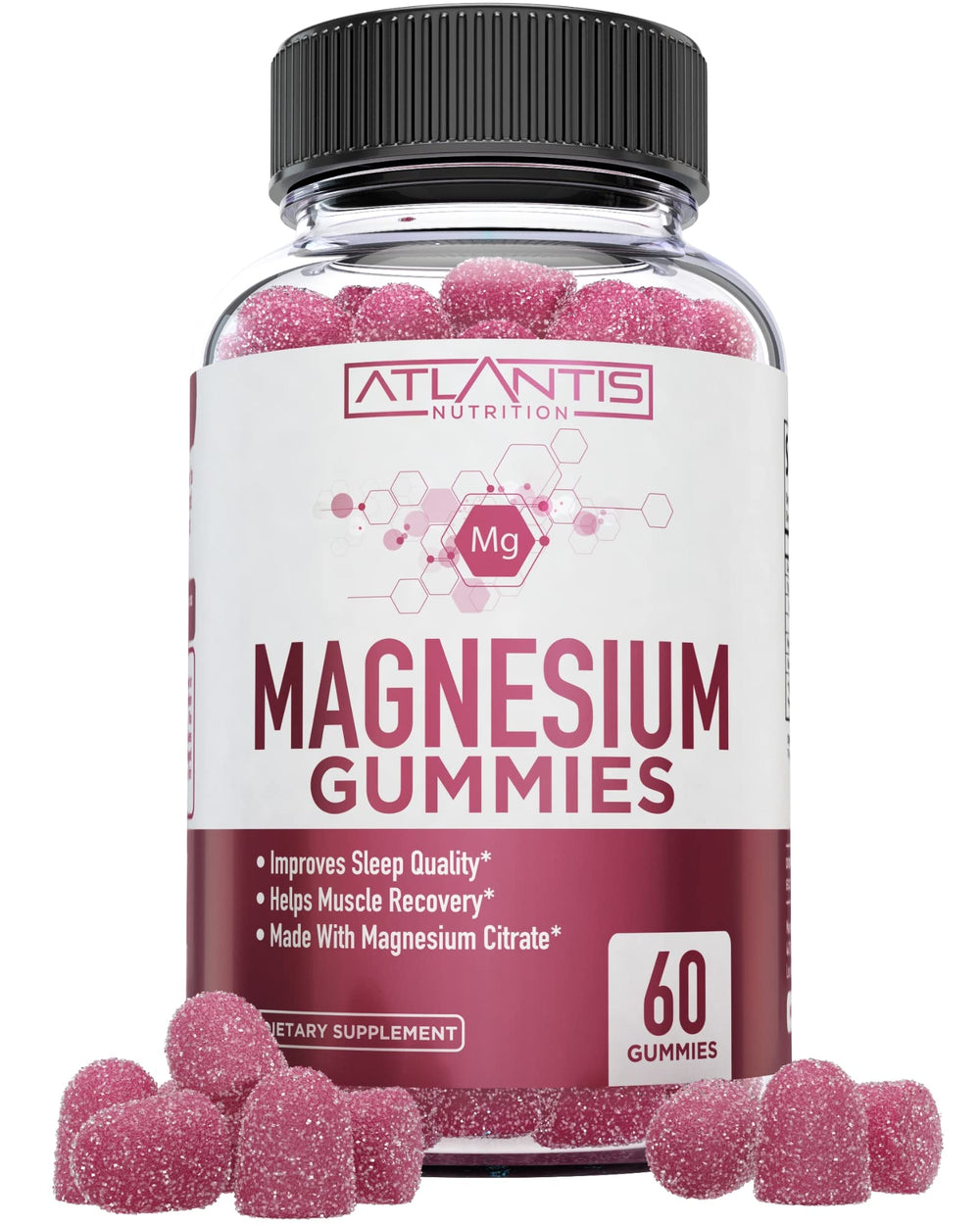Atlantis Nutrition Magnesium Citrate Gummies bottle label with 60 vegan gummies