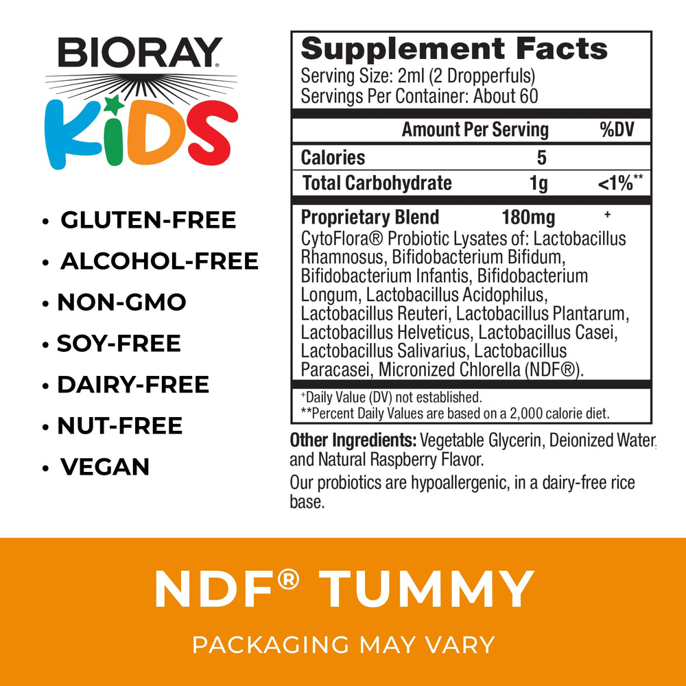 Close-up of ingredients and label on BIORAY Kids NDF Tummy Raspberry