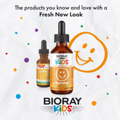 Serving guidance and 11-strain probiotic blend in BIORAY Kids NDF Tummy Raspberry