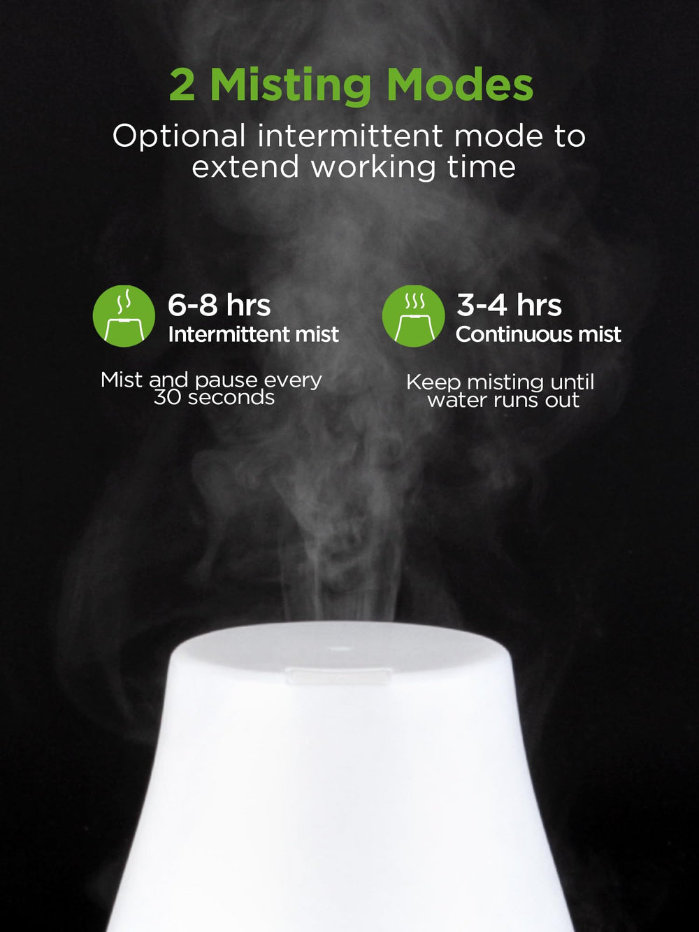 Two diffusers showing intermittent and continuous mist modes
