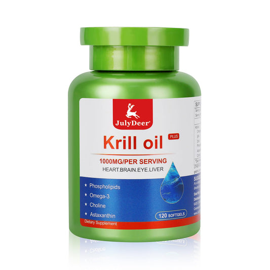Front view of JulyDeer Krill Oil 1000 mg bottle with 120 softgels