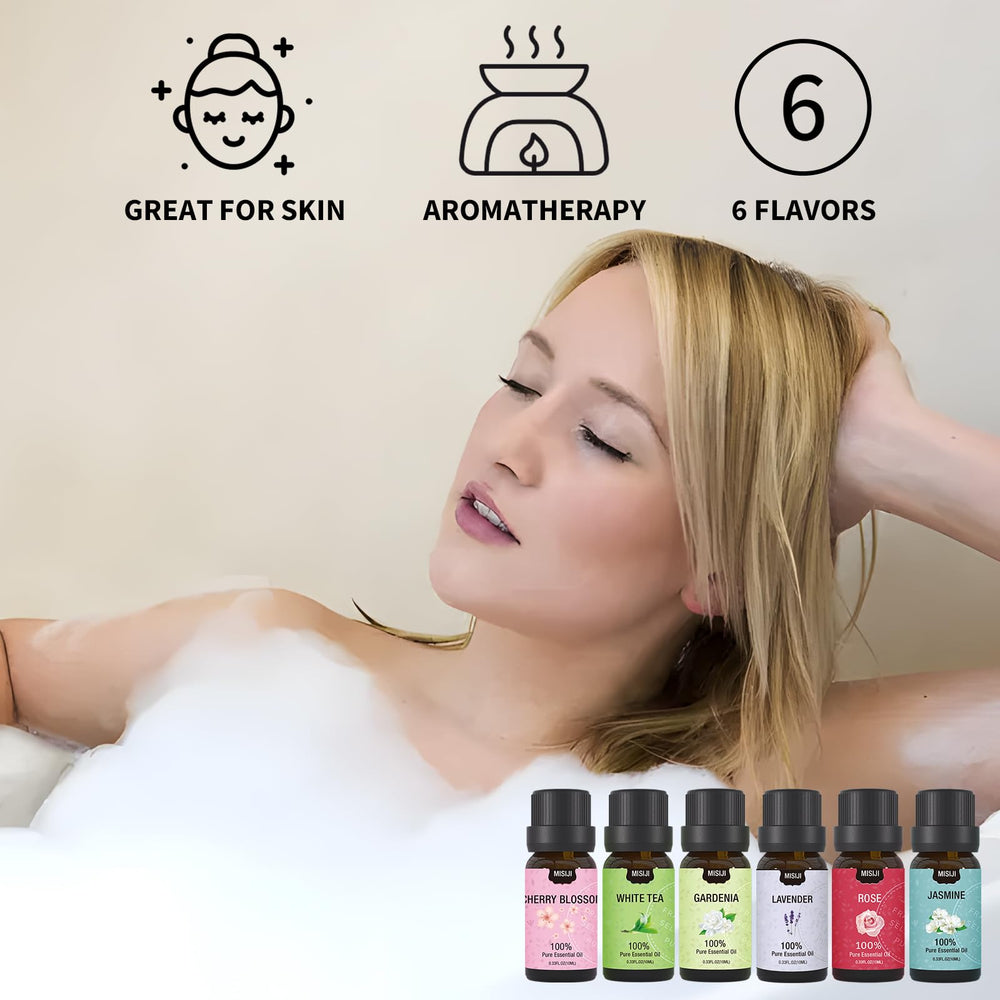 Six essential oils set displayed with packaging layout