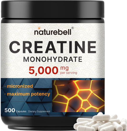 NatureBell Creatine Monohydrate Capsules packaging showing 5,000 mg per serving