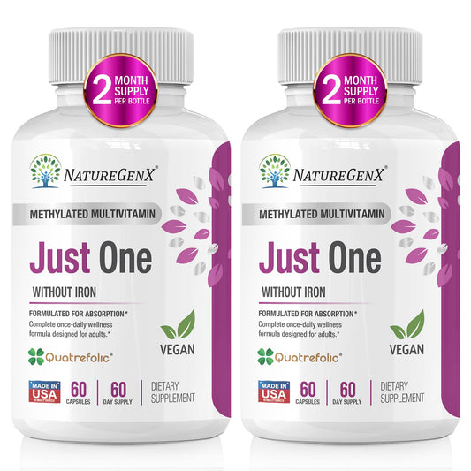 Front label of NatureGenX Just One Daily Methylated Multivitamin bottle