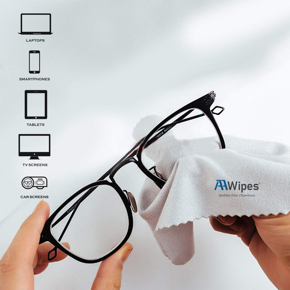 Cloth removing dust and smudges from glasses, lenses, phones, and screens