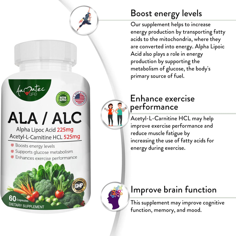 Close-up of AAMATEC LIFE ALA/ALC ingredients label