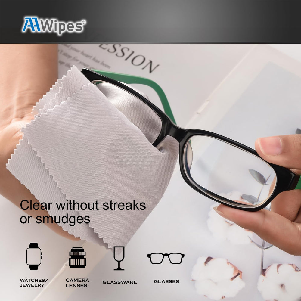 Close-up of white microfiber wipes for glasses, 6x7 inches