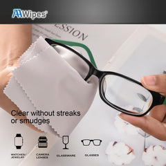 Close-up of white microfiber wipes for glasses, 6x7 inches