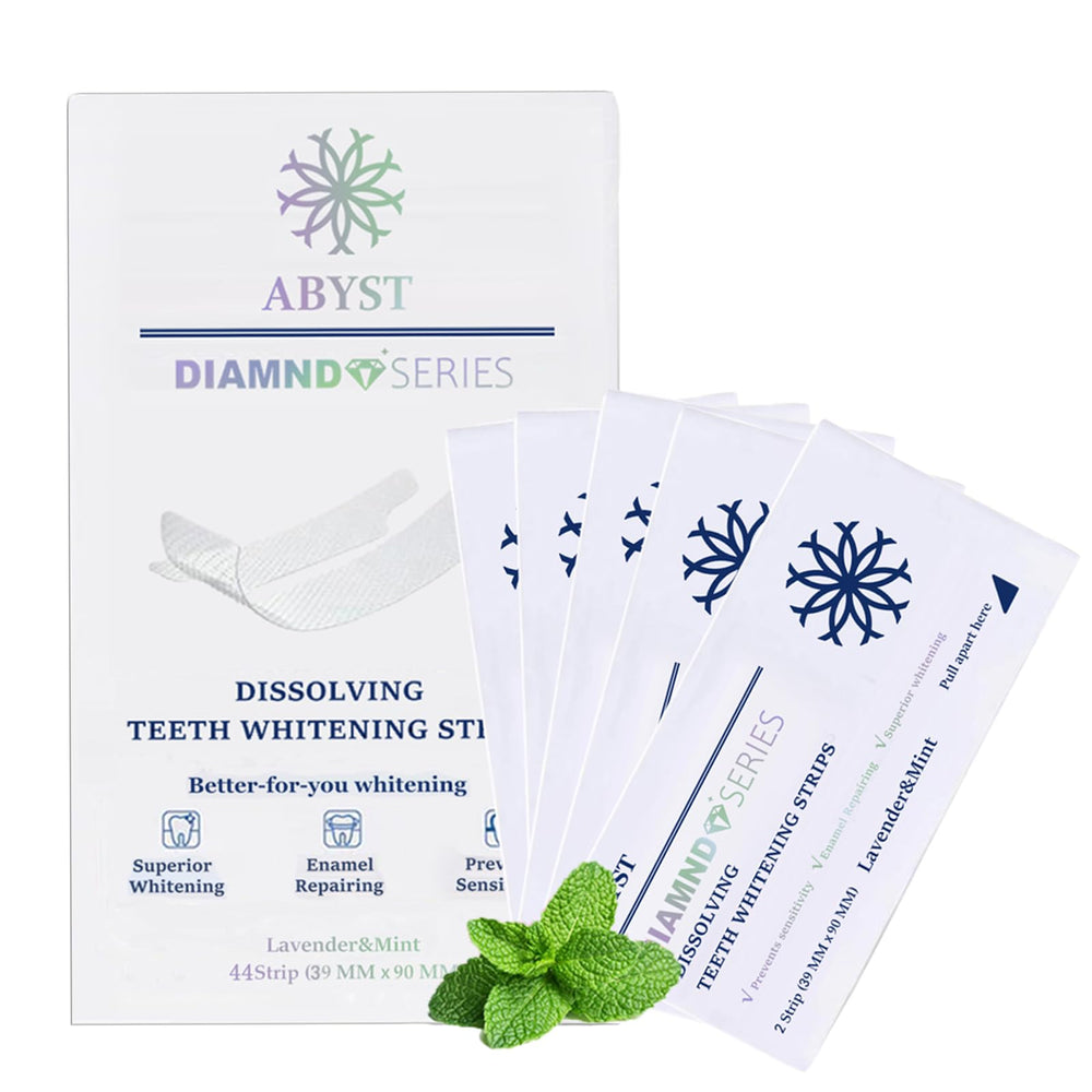 ABYST Diamond Dissolving Teeth Whitening Strips packaging and box